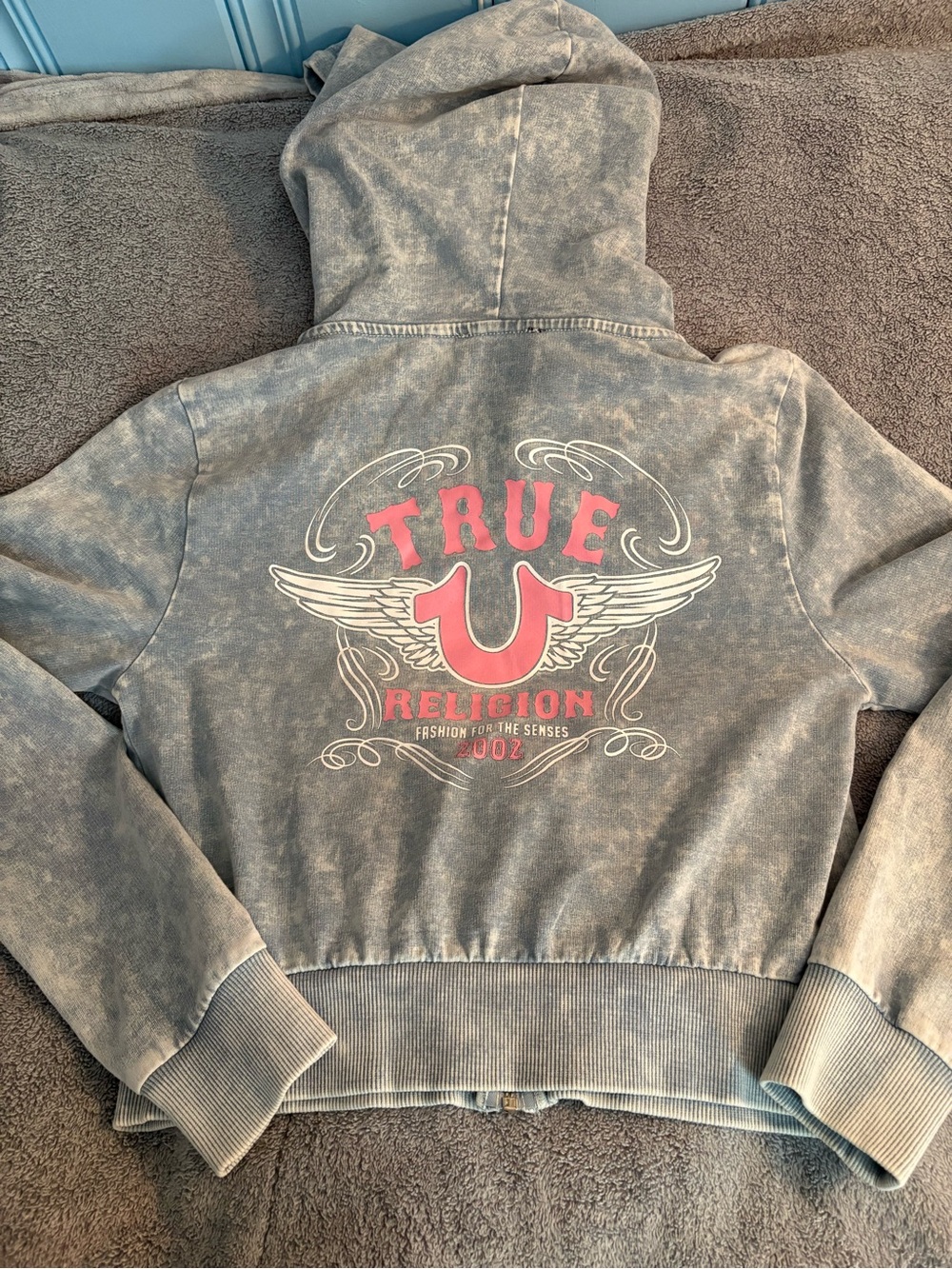 True Religion Women’s Horseshoe Wing Faux Denim Zip Up Hoodie SP Light Acid Wash